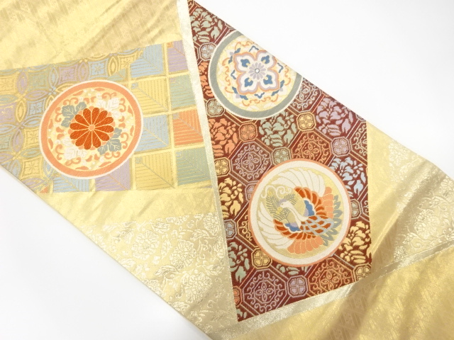 切り嵌め風丸文に鶴・花模様織出し袋帯